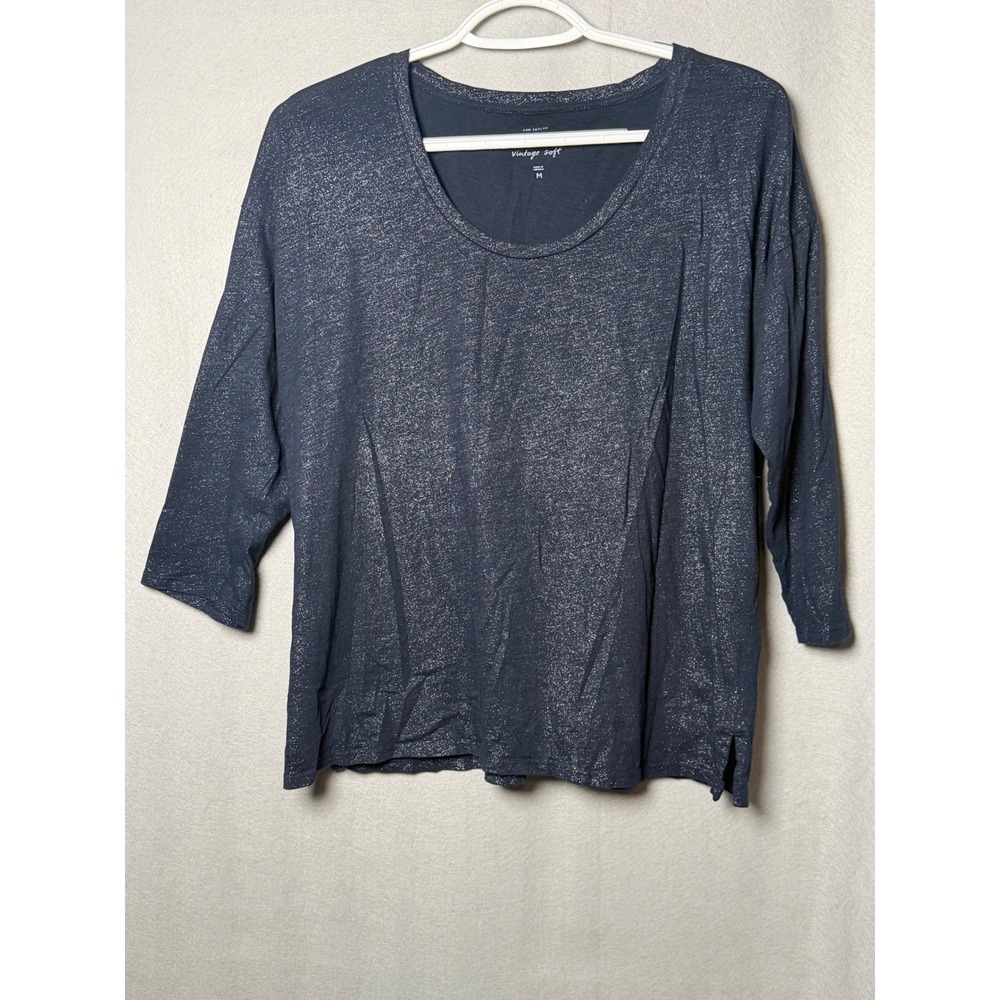 Ann Taylor LOFT Vintage Soft Navy Blue Silver Metallic Shimmer Cotton Top Medium